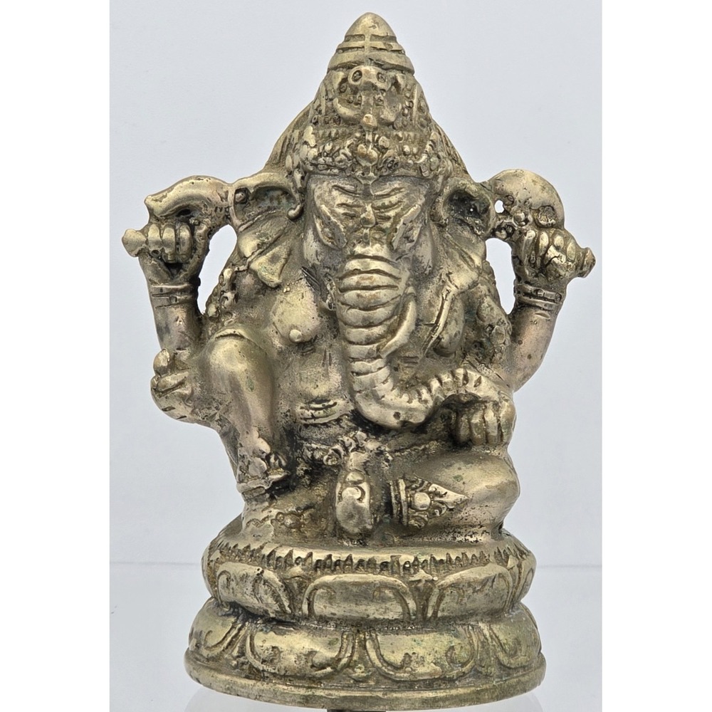 Vtg 4" Silver Plated Brass Elephant Ganesha Wealth God Buddha Statue